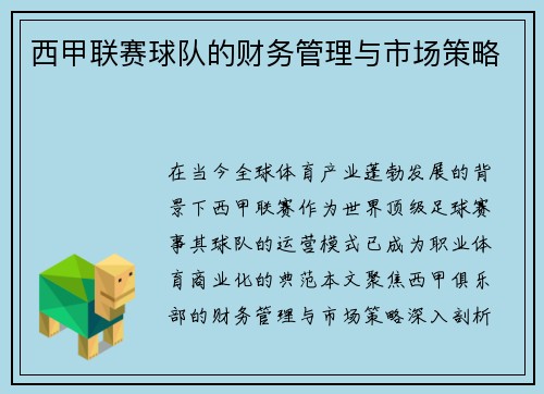 西甲联赛球队的财务管理与市场策略